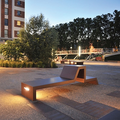 EUDALD illuminated outdoor bench for businesses and public authorities, designed by public amenities expert CYRIA