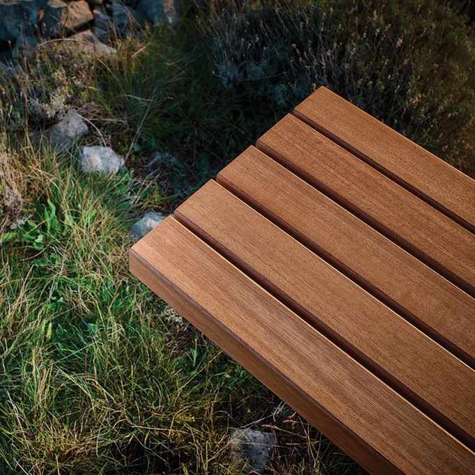Street furniture in FSC-certified exotic wood slats, such as benches and benches manufactured by CYRIA for municipalities